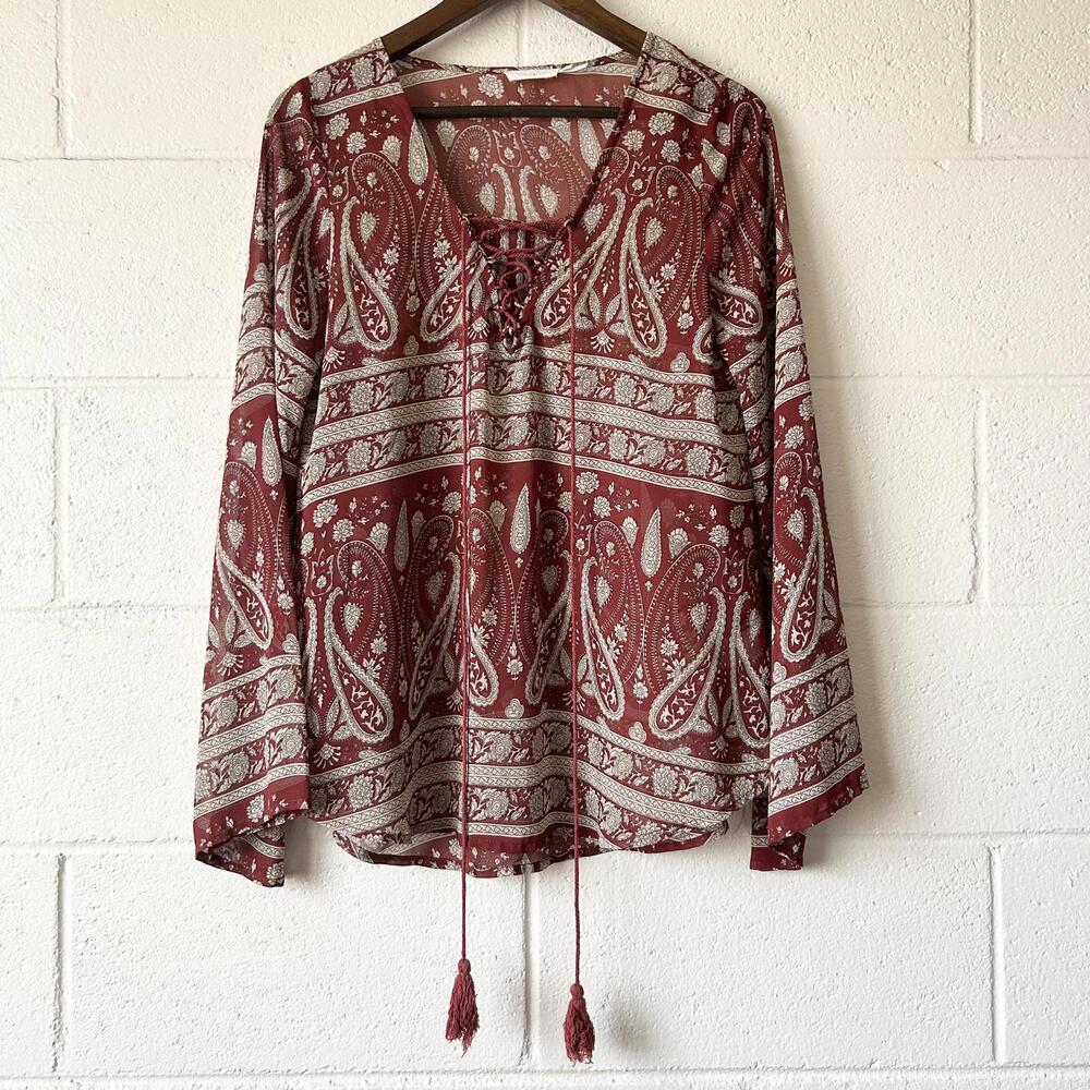 Blu Pepper Red Paisley Floral Lace Up Bell Sleeve Sheer Blouse Women's Medium